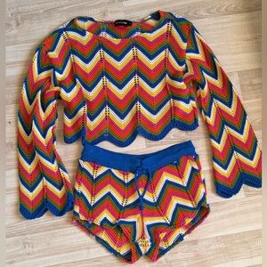 PrettyLittleThing Multicolor Chevron Knit Crop Top & Shorts Set - Blue Trim